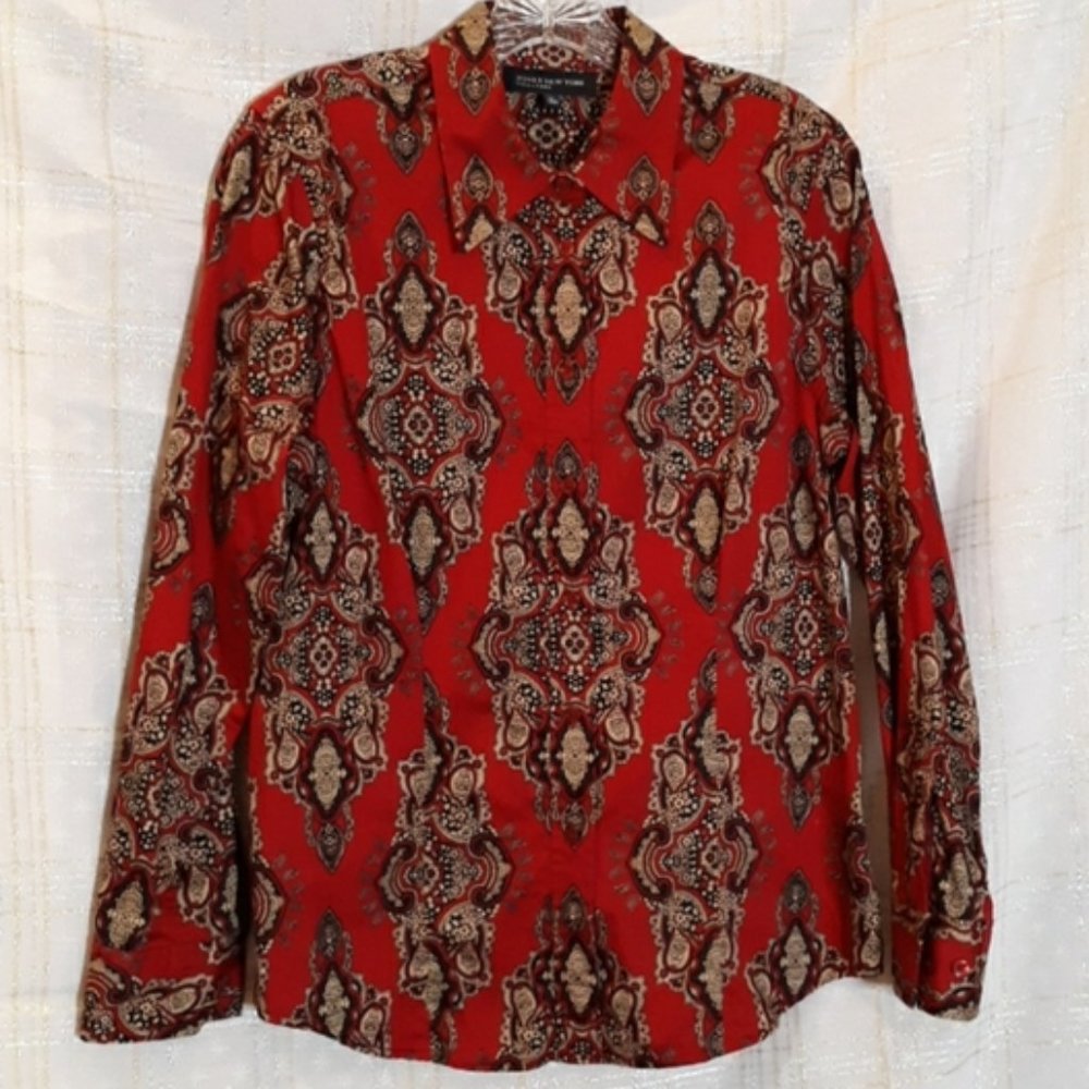 Jones New York Red Paisley Fitted Cotton Blouse